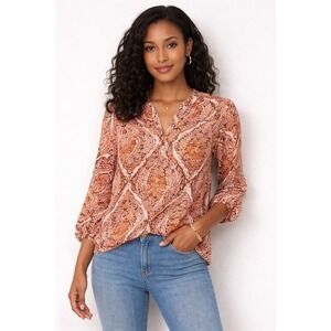 Liz Claiborne Paisley Blouse M Orange Boho Summer Top Cotton